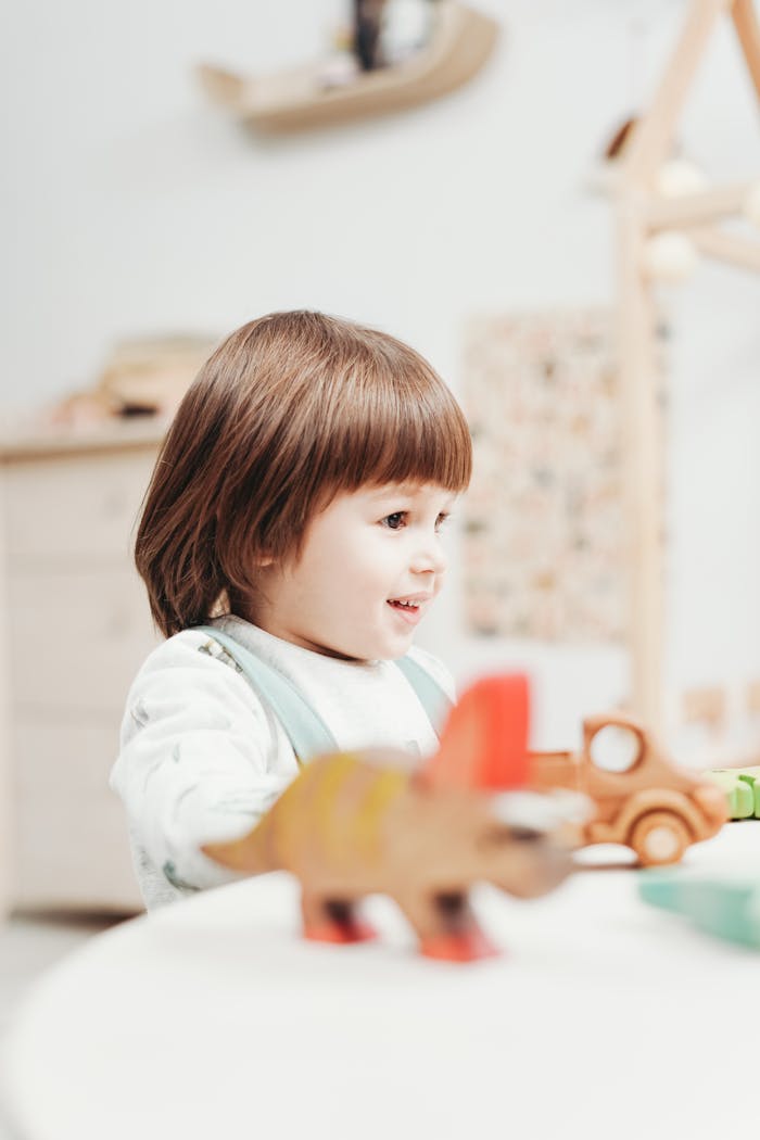 A joyful child engages with wooden toys in an indoor playroom setting.